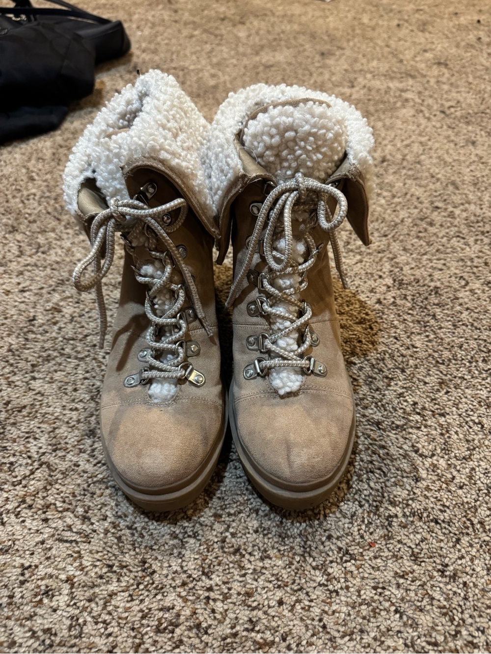 Rampage Taupe Suede Lace-Up Winter Boots with White Faux Shearling